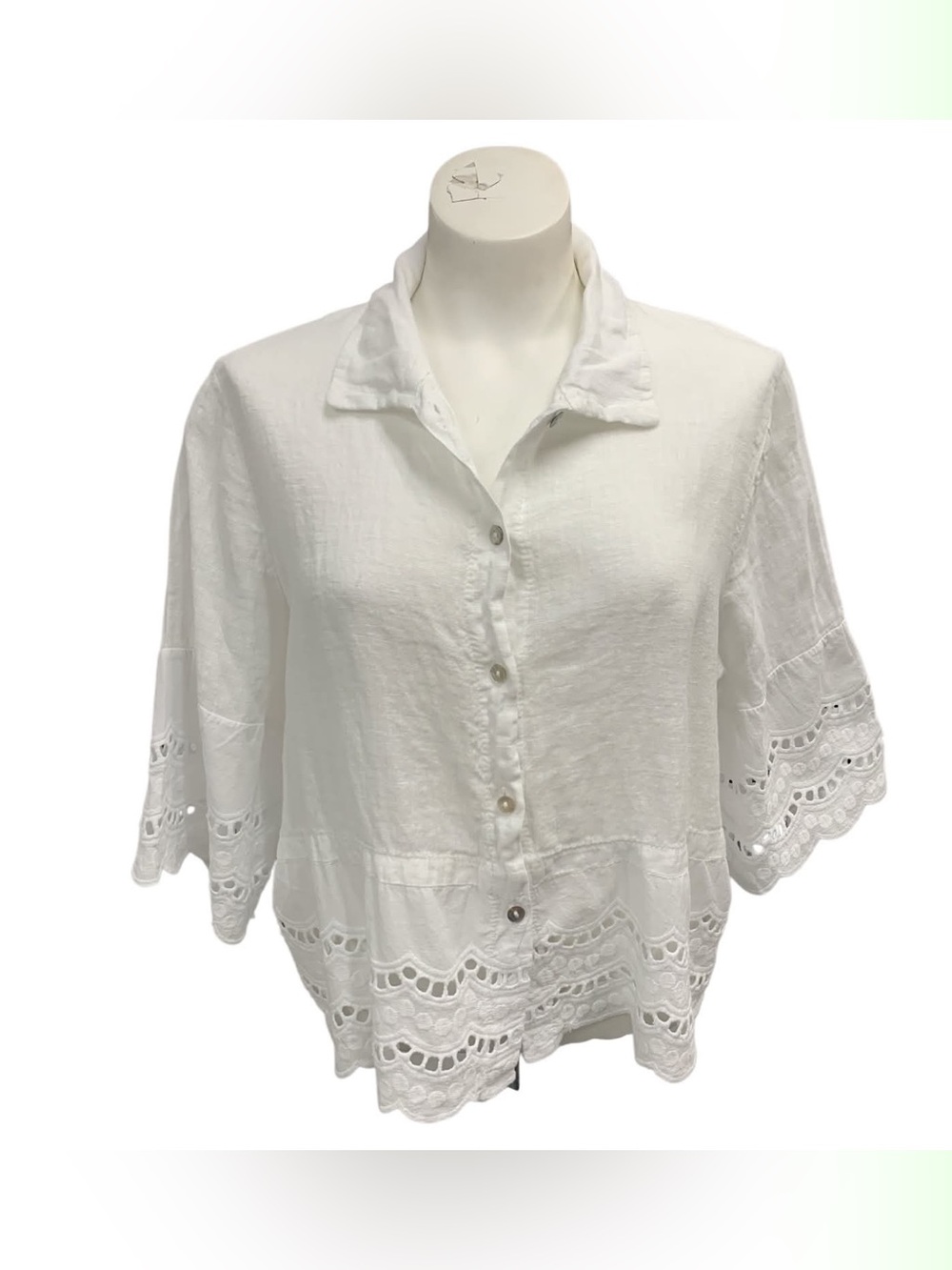 Francesca Bettini White Eyelet Button-Down Linen Blend Shirt Size S